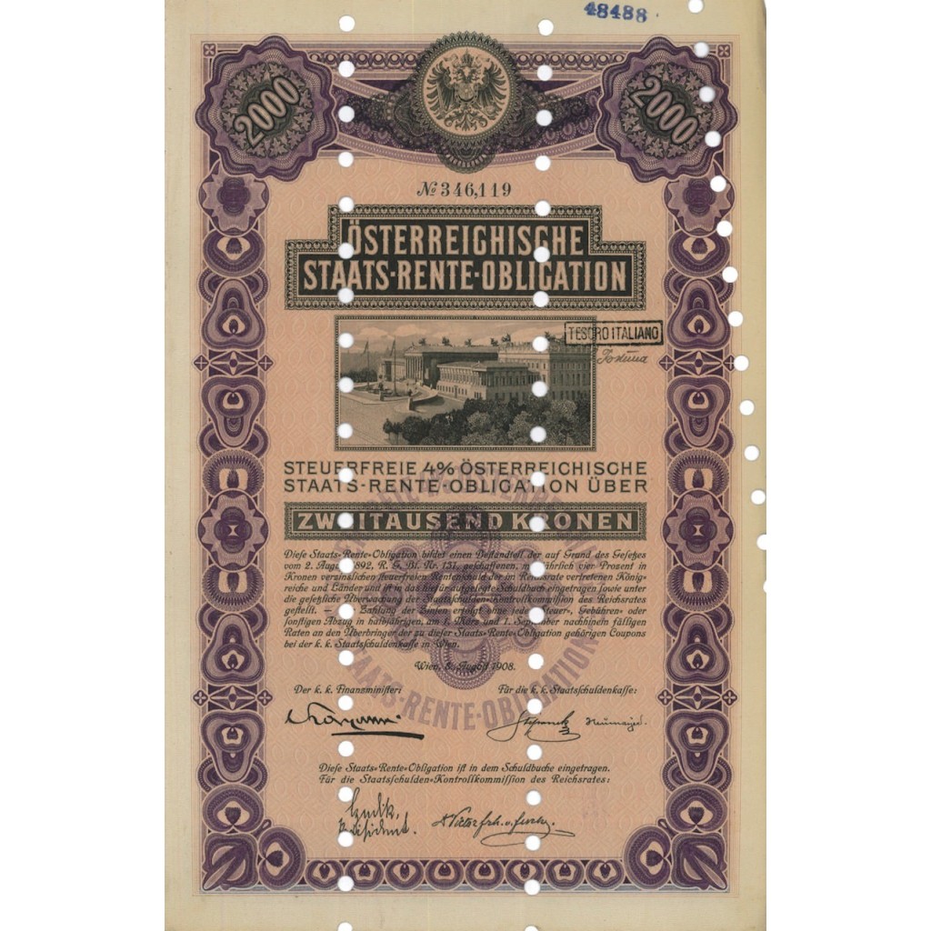 STAATS RENTE OBLIGATION 2000 KRONEN - 1908