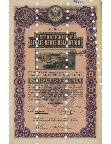 STAATS RENTE OBLIGATION 2000 KRONEN - 1908