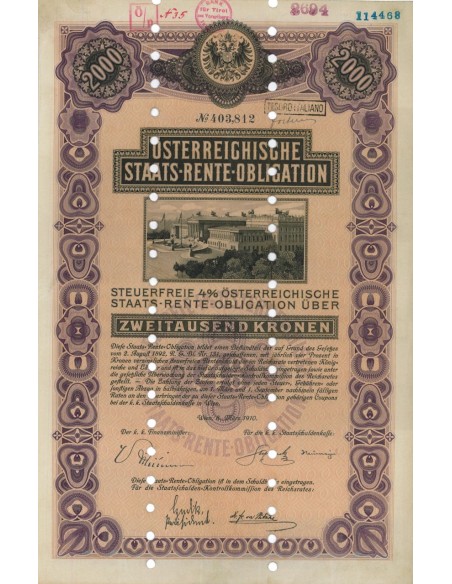 STAATS RENTE OBLIGATION 2000 KRONEN - 1910