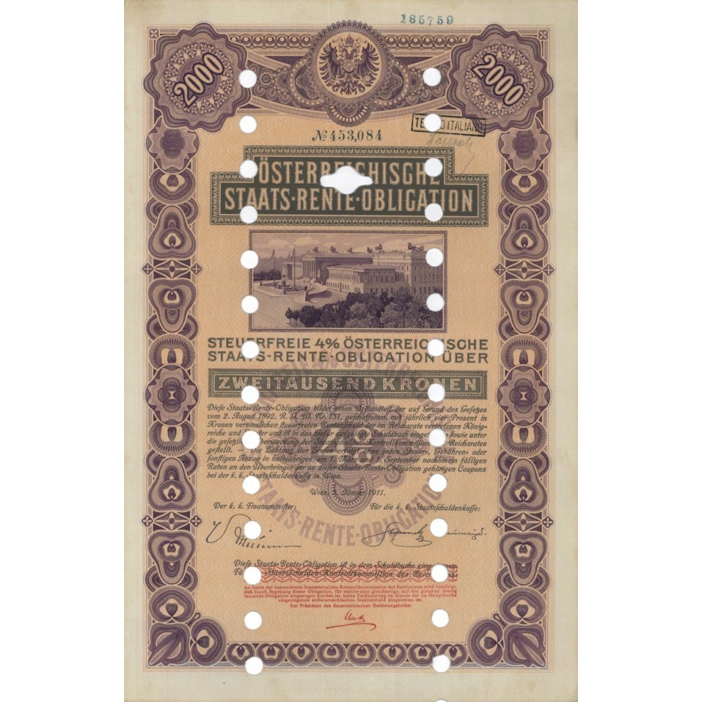 STAATS RENTE OBLIGATION 2000 KRONEN - 1911