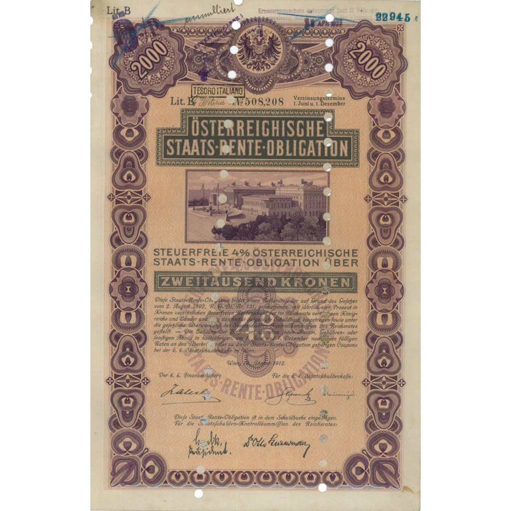 STAATS RENTE OBLIGATION 2000 KRONEN - 1912