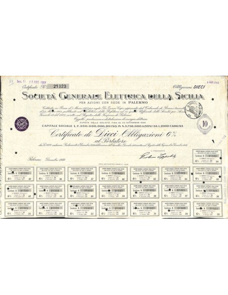 SOC. GENERALE ELETTRICA DELLA SICILIA - 10 OBBLIGAZIONI 6% - PALERMO 1949