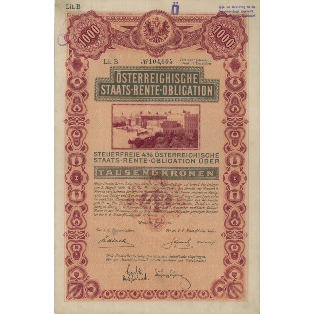 STAATS RENTE OBLIGATION 1000 KRONEN - 1912
