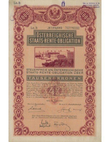 STAATS RENTE OBLIGATION 1000 KRONEN - 1912