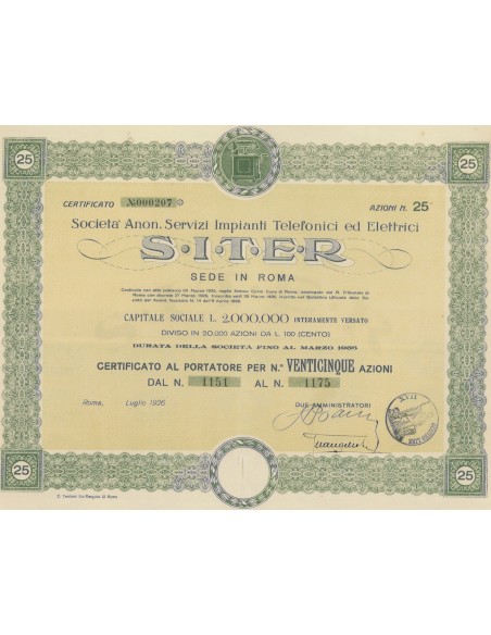SITER - SERVIZI IMPIANTI TELEFONI ED ELETTRICI - 15 AZIONI ROMA 1926