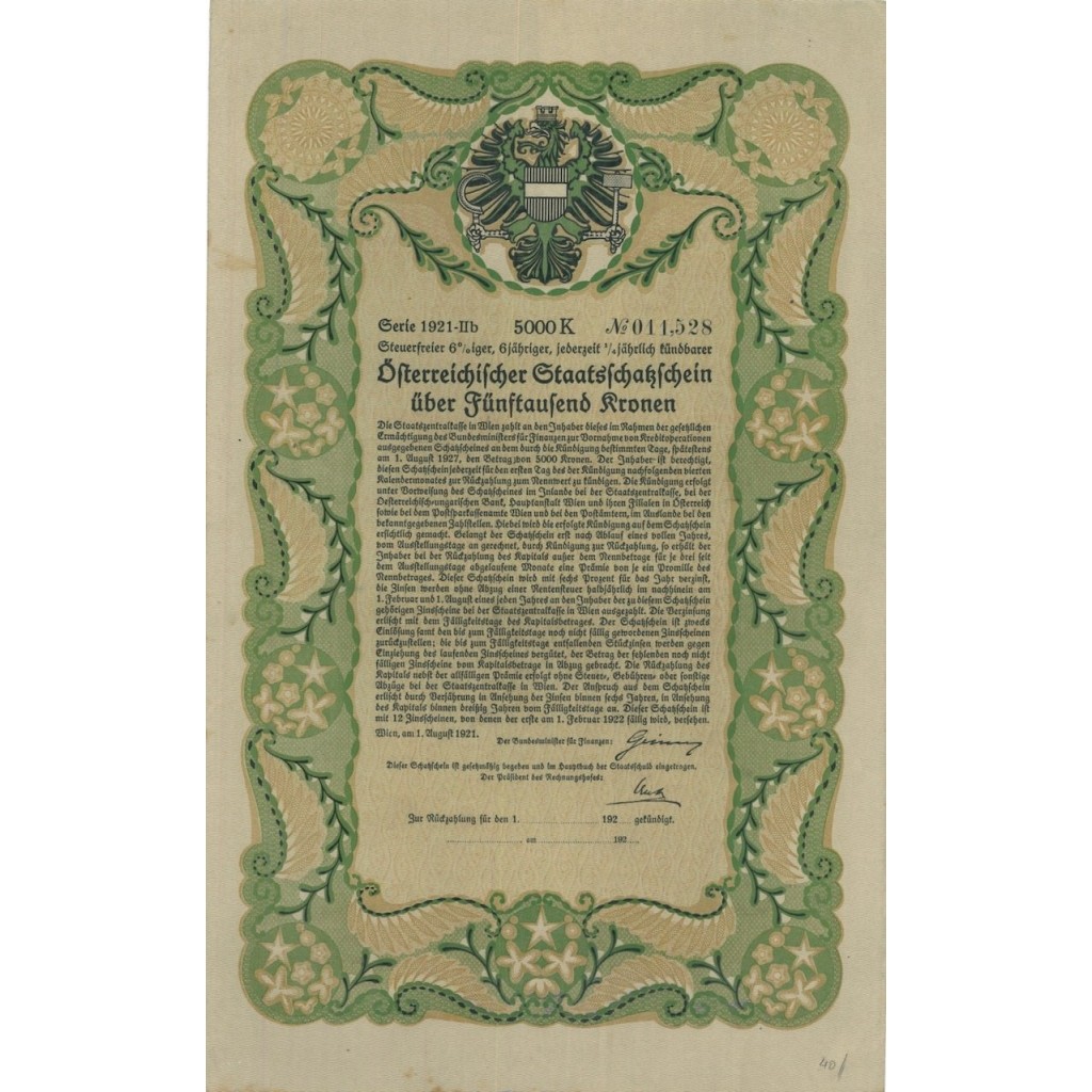 OSTERREICHISCHE STAATSSCHATZSCHEIN 5000 KRONEN - 1921