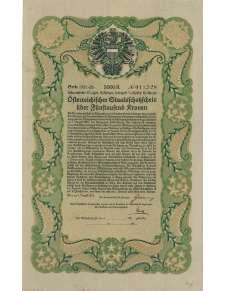 OSTERREICHISCHE STAATSSCHATZSCHEIN 5000 KRONEN - 1921