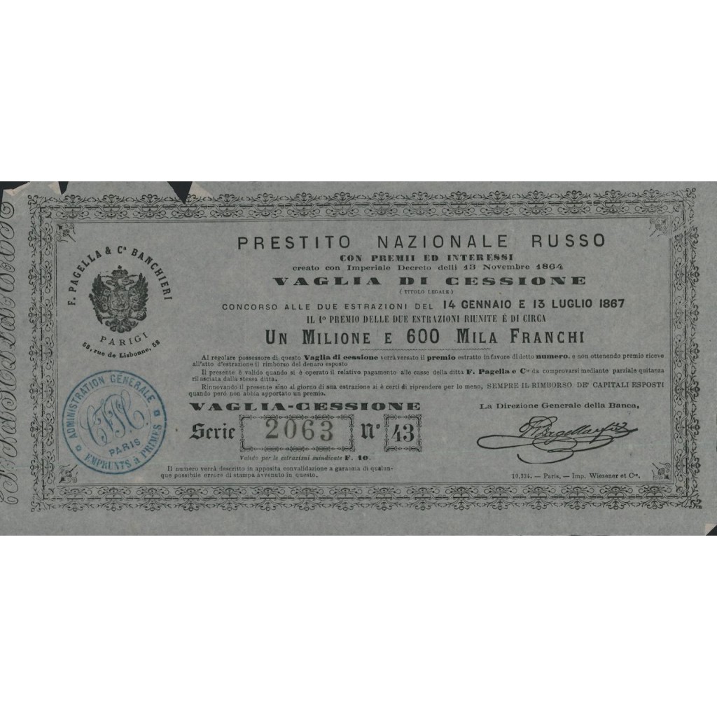 PRESTITO NAZIONALE RUSSO - VAGLIA DI CESSIONE - 1864