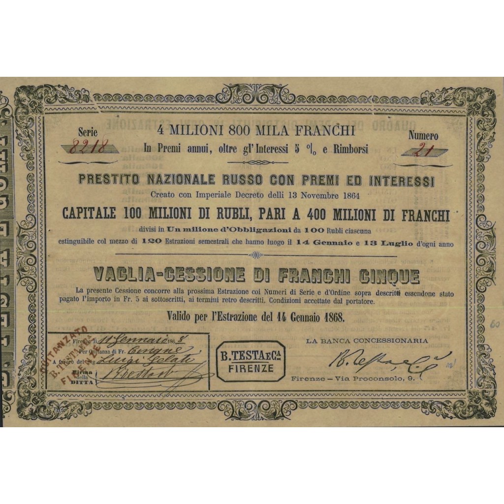 VAGLIA-CESSIONE FRANCHI 5 - PRESTITO NAZ. RUSSO - 1868