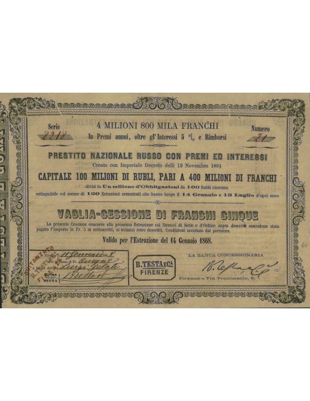 VAGLIA-CESSIONE FRANCHI 5 - PRESTITO NAZ. RUSSO - 1868
