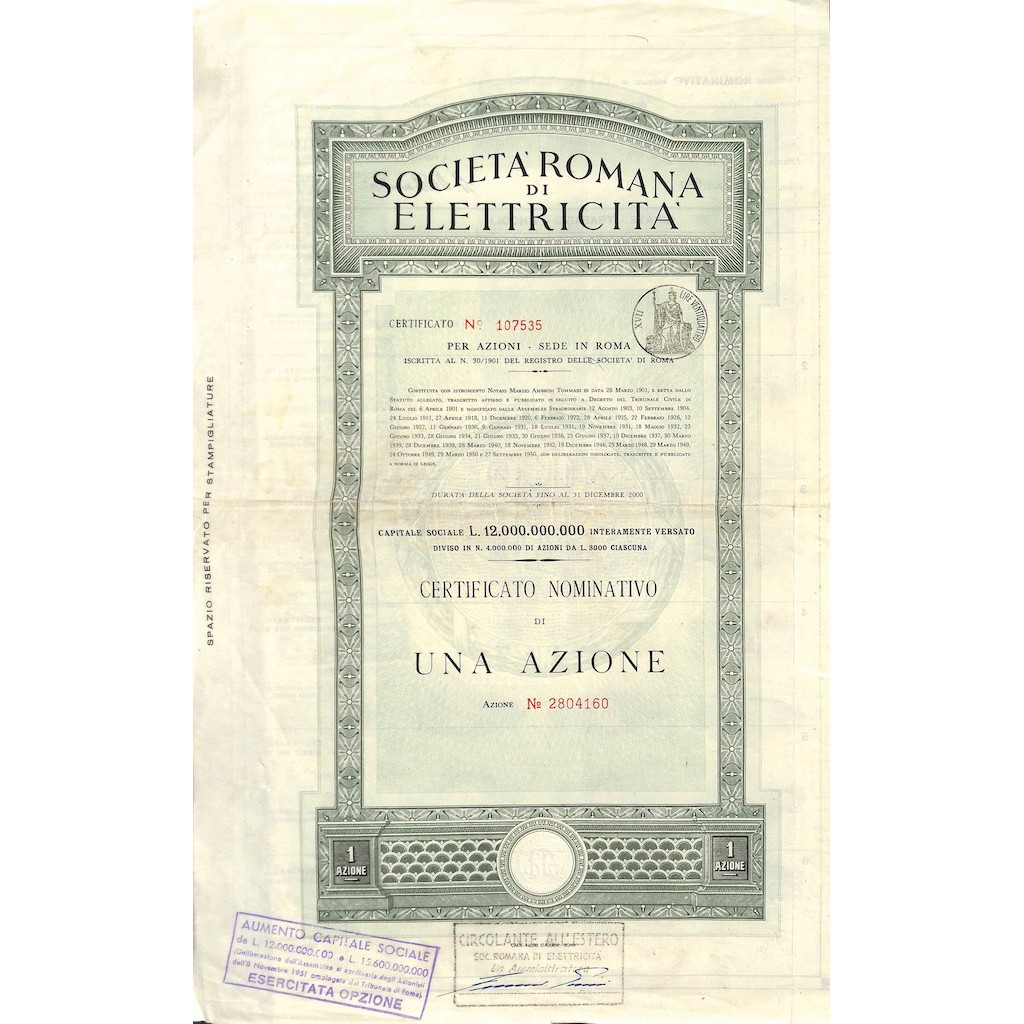 SOC. ROMANA DI ELETTRICITA` - CERTIFICATO NOMINATIVO 1 AZIONE - 1951