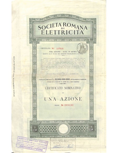 SOC. ROMANA DI ELETTRICITA` - CERTIFICATO NOMINATIVO 1 AZIONE - 1951