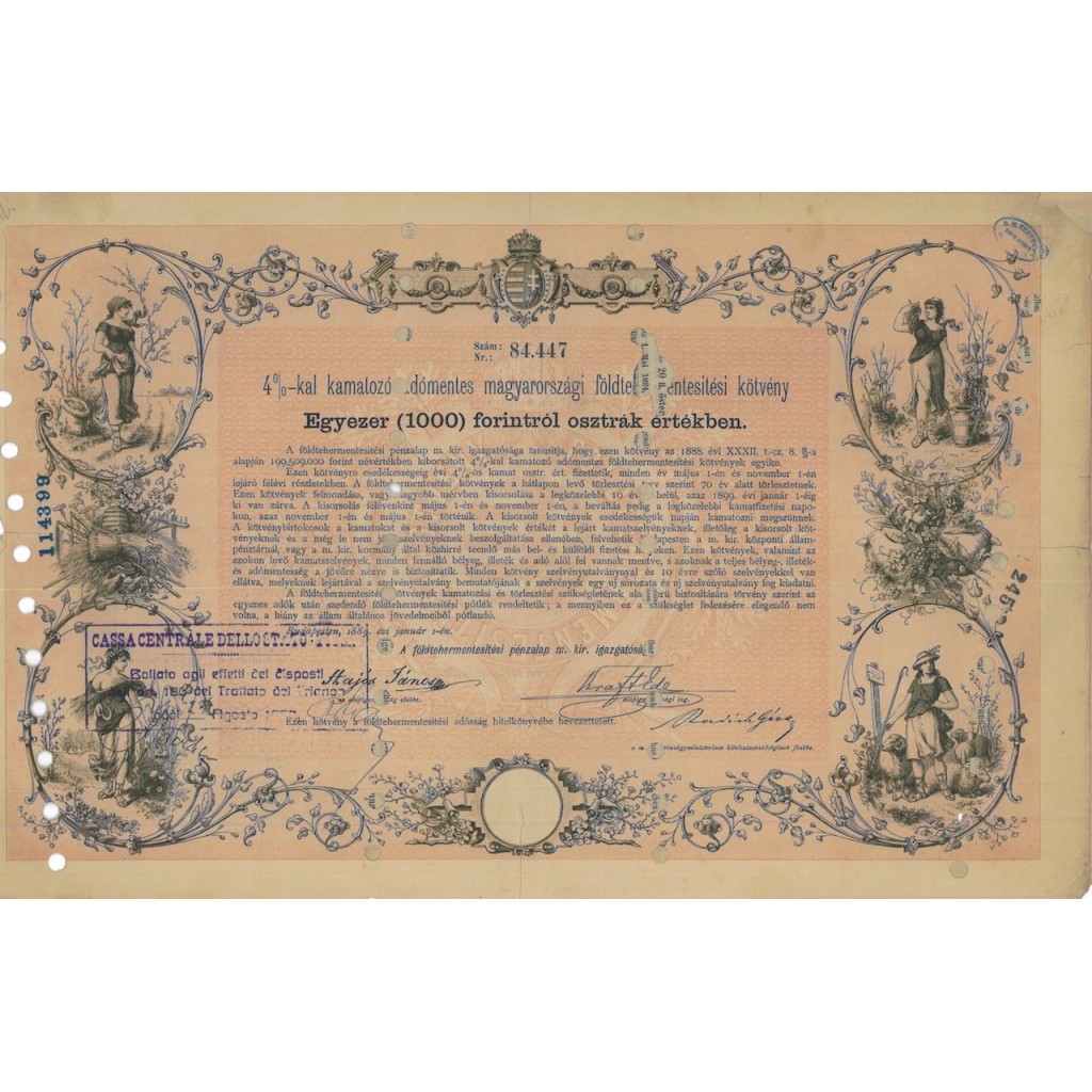 1 OBBLIGAZIONE - GOVERNO MAGIARO - 1000 DOLLARI - 1889