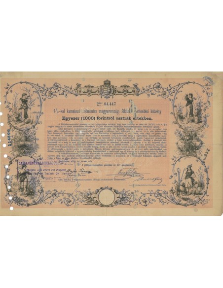 1 OBBLIGAZIONE - GOVERNO MAGIARO - 1000 DOLLARI - 1889
