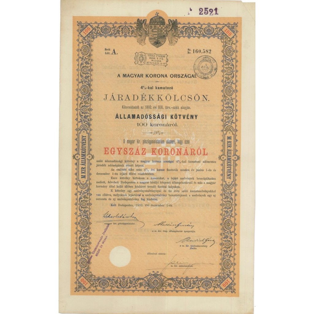 MAGYAR KORONA ORSZAGAI - 100 KORONAROL - BUDAPEST 1892
