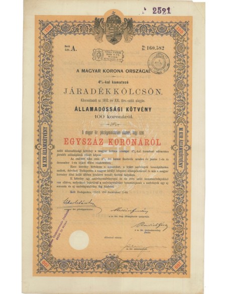 MAGYAR KORONA ORSZAGAI - 100 KORONAROL - BUDAPEST 1892