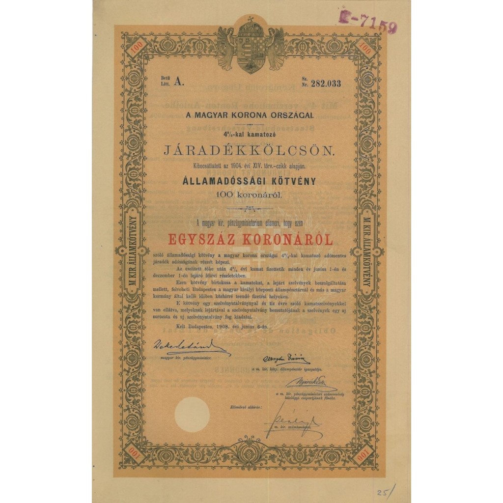 MAGYAR KORONA ORSZAGAI - 100 KORONAROL - BUDAPEST 1908