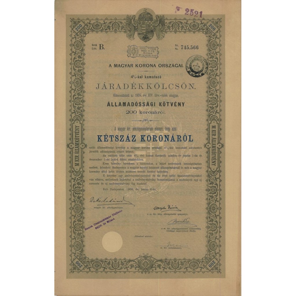 MAGYAR KORONA ORSZAGAI - 200 KORONAROL - BUDAPEST 1908