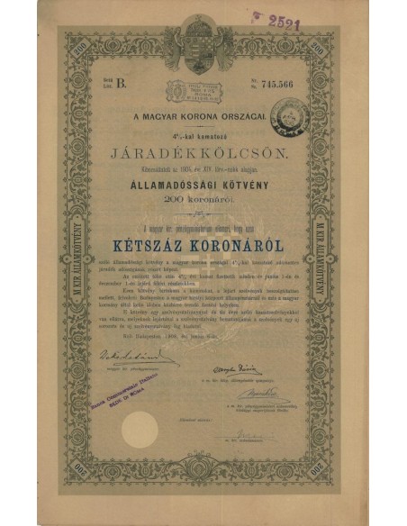MAGYAR KORONA ORSZAGAI - 200 KORONAROL - BUDAPEST 1908