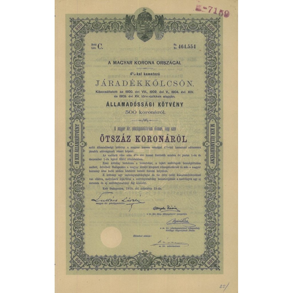 MAGYAR KORONA ORSZAGAI - 500 KORONAROL - BUDAPEST 1910