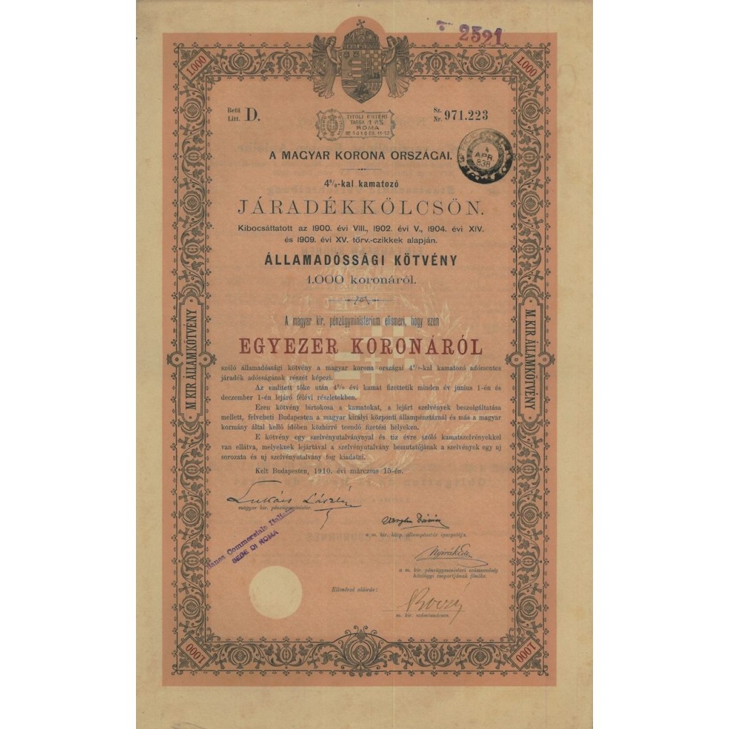 MAGYAR KORONA ORSZAGAI - 1000 KORONAROL - BUDAPEST 1910