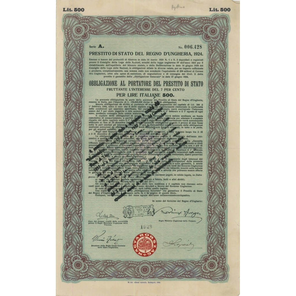 PRESTITO DI STATO DEL REGNO D'UNGHERIA 1 OBBL. 1924