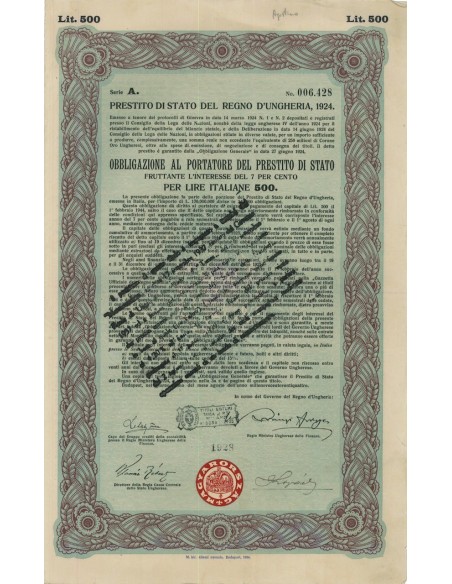 PRESTITO DI STATO DEL REGNO D'UNGHERIA 1 OBBL. 1924