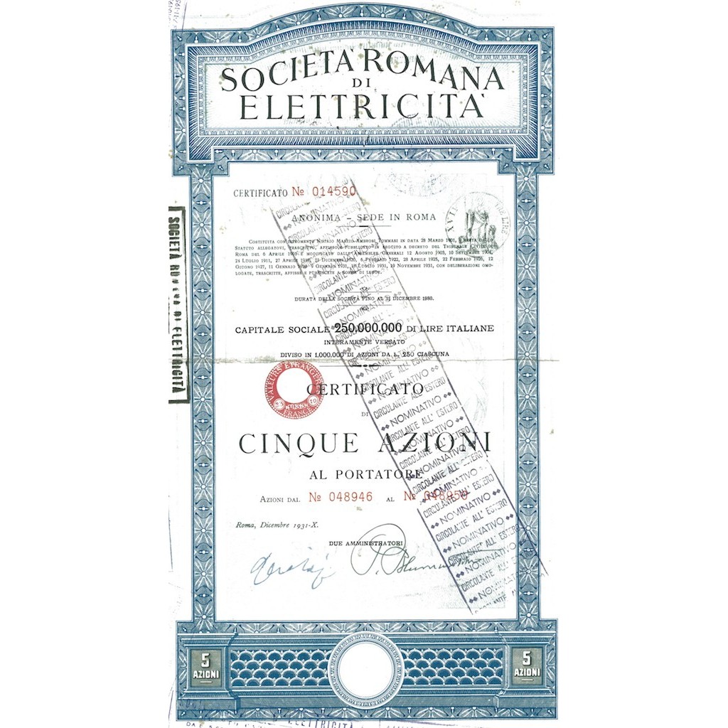 SOC. ROMANA DI ELETTRICITA' 5 AZIONI ROMA 1931