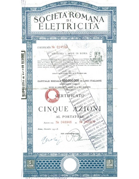 SOC. ROMANA DI ELETTRICITA' 5 AZIONI ROMA 1931
