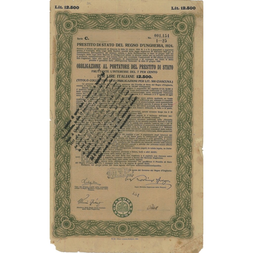 PRESTITO DI STATO DEL REGNO D'UNGHERIA 1 OBBL. 1924