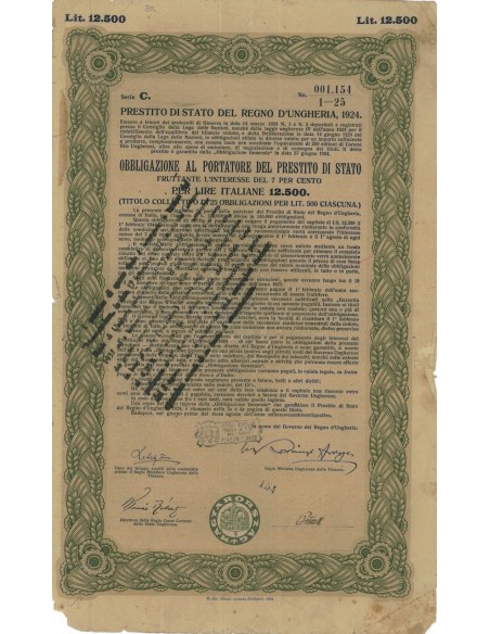 PRESTITO DI STATO DEL REGNO D'UNGHERIA 1 OBBL. 1924