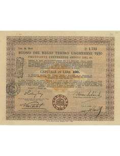 BUONO DEL TESORO UNGHERESE - LIRE 100 - 1930