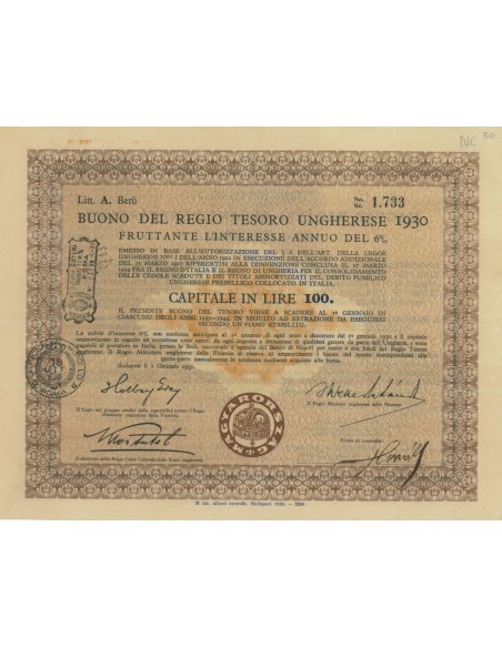 BUONO DEL TESORO UNGHERESE - LIRE 100 - 1930