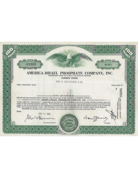AMERICA-ISRAEL PHOSPATE COMPANY INC - 100 AZIONI -1966