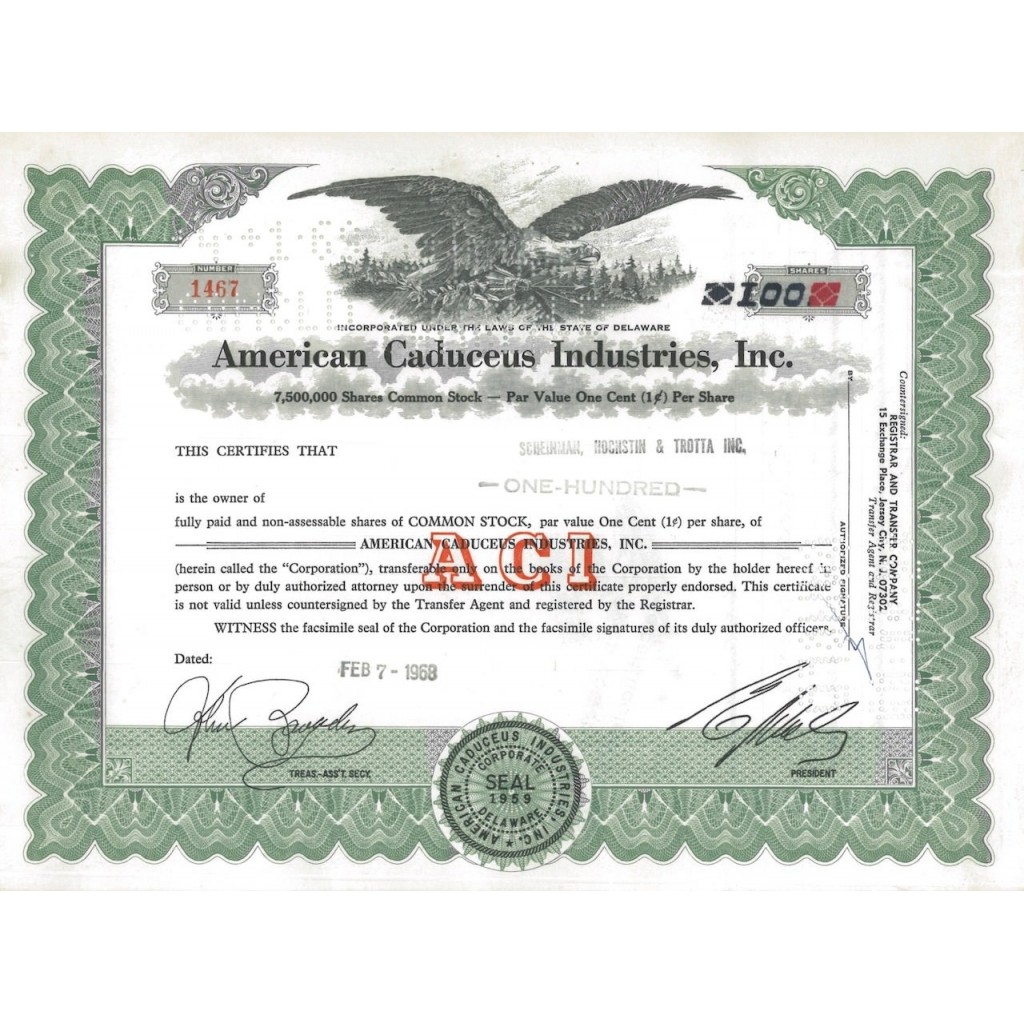 AMERICAN CADUCEUS INDUSTRIES INC 100 AZIONI - 1968