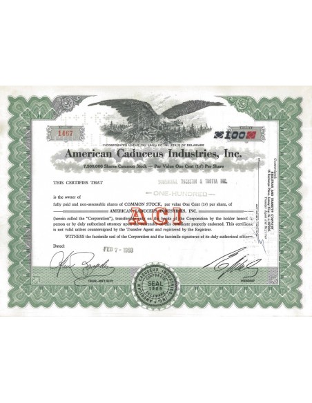 AMERICAN CADUCEUS INDUSTRIES INC 100 AZIONI - 1968
