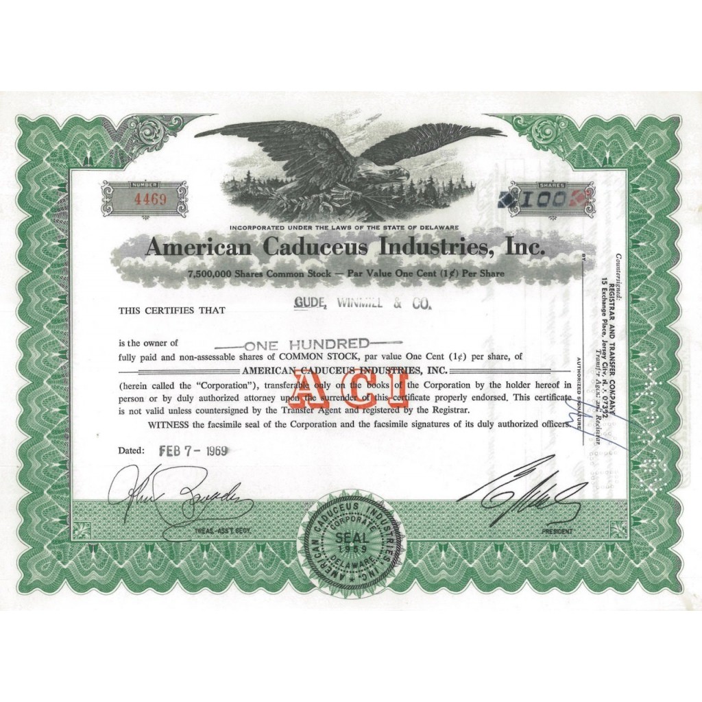 AMERICAN CADUCEUS INDUSTRIES INC 100 AZIONI - 1968