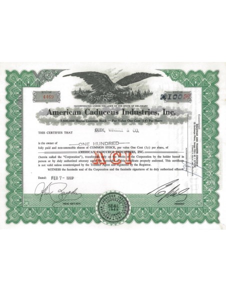 AMERICAN CADUCEUS INDUSTRIES INC 100 AZIONI - 1968