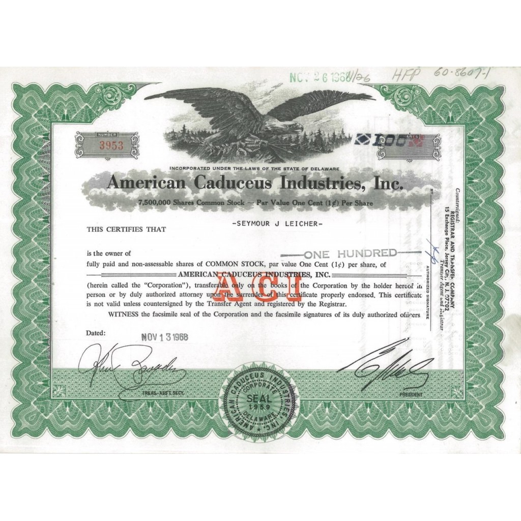 AMERICAN CADUCEUS INDUSTRIES INC 100 AZIONI - 1968