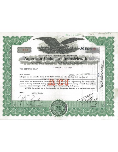 AMERICAN CADUCEUS INDUSTRIES INC 100 AZIONI - 1968