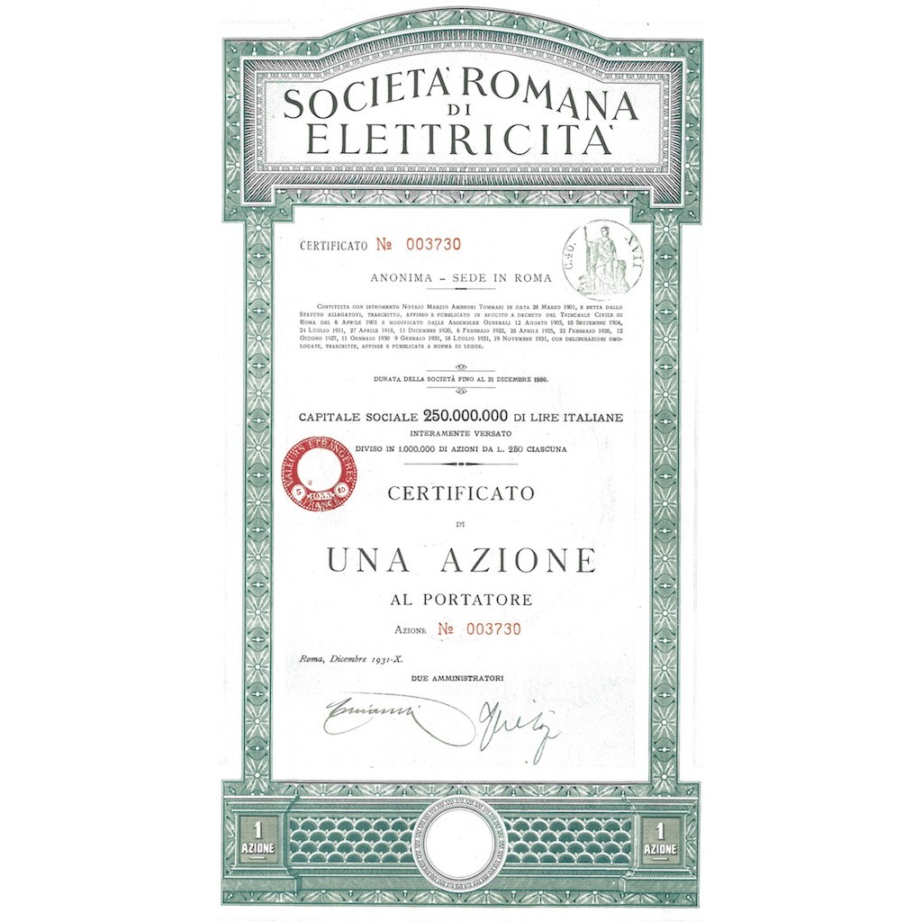 SOC. ROMANA DI ELETTRICITA' 1 AZIONE ROMA 1931