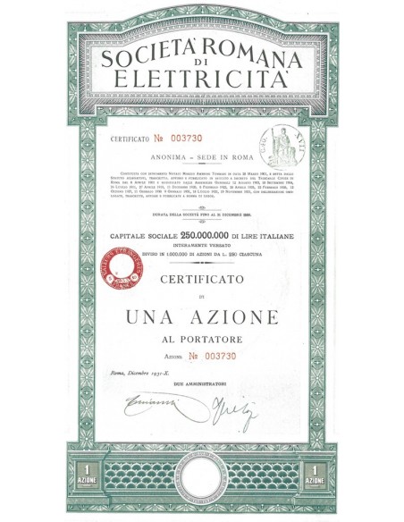 SOC. ROMANA DI ELETTRICITA' 1 AZIONE ROMA 1931