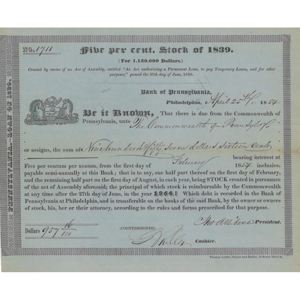 BANK OF PENNSILVANIA - 5 PER CENT STOCK OF 1839