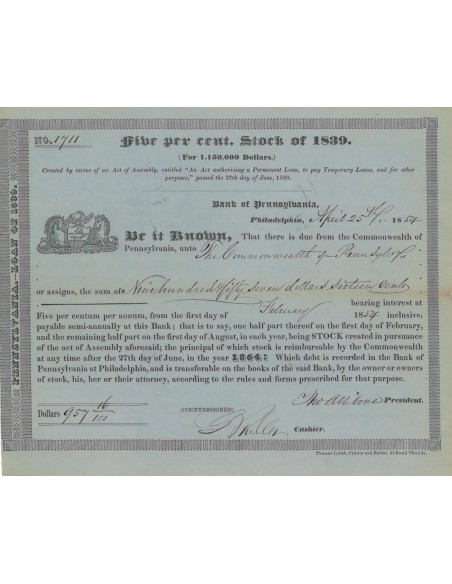 BANK OF PENNSILVANIA - 5 PER CENT STOCK OF 1839