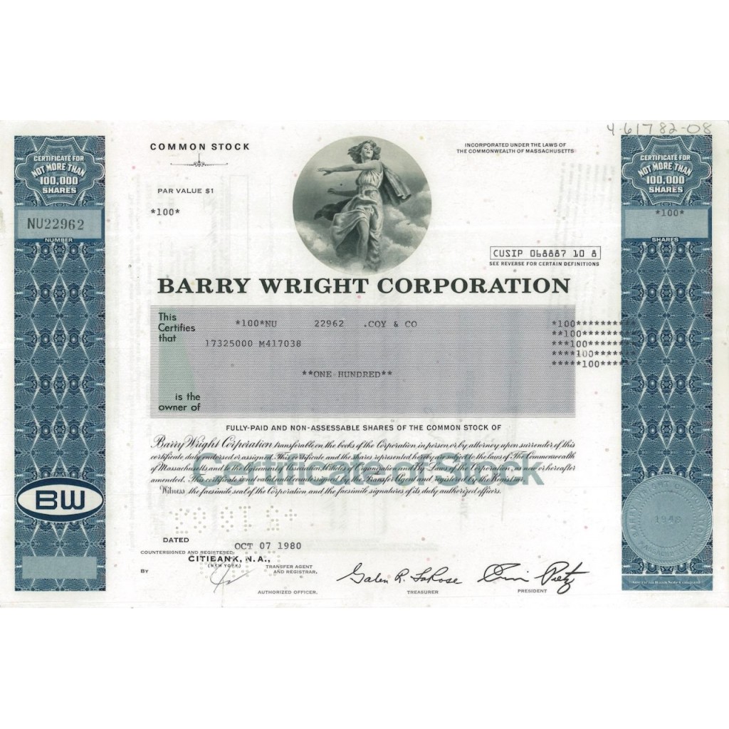 BARRY WRIGHT CORPORATION - 100 AZIONI - 1980