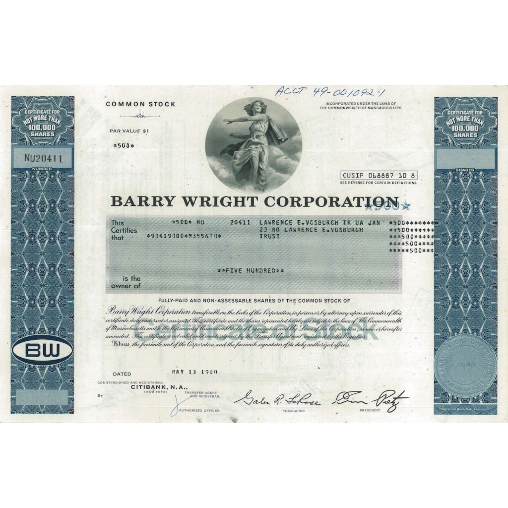 BARRY WRIGHT CORPORATION - 500 AZIONI - 1980