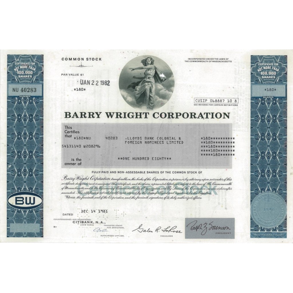 BARRY WRIGHT CORPORATION - 180 AZIONI - 1980