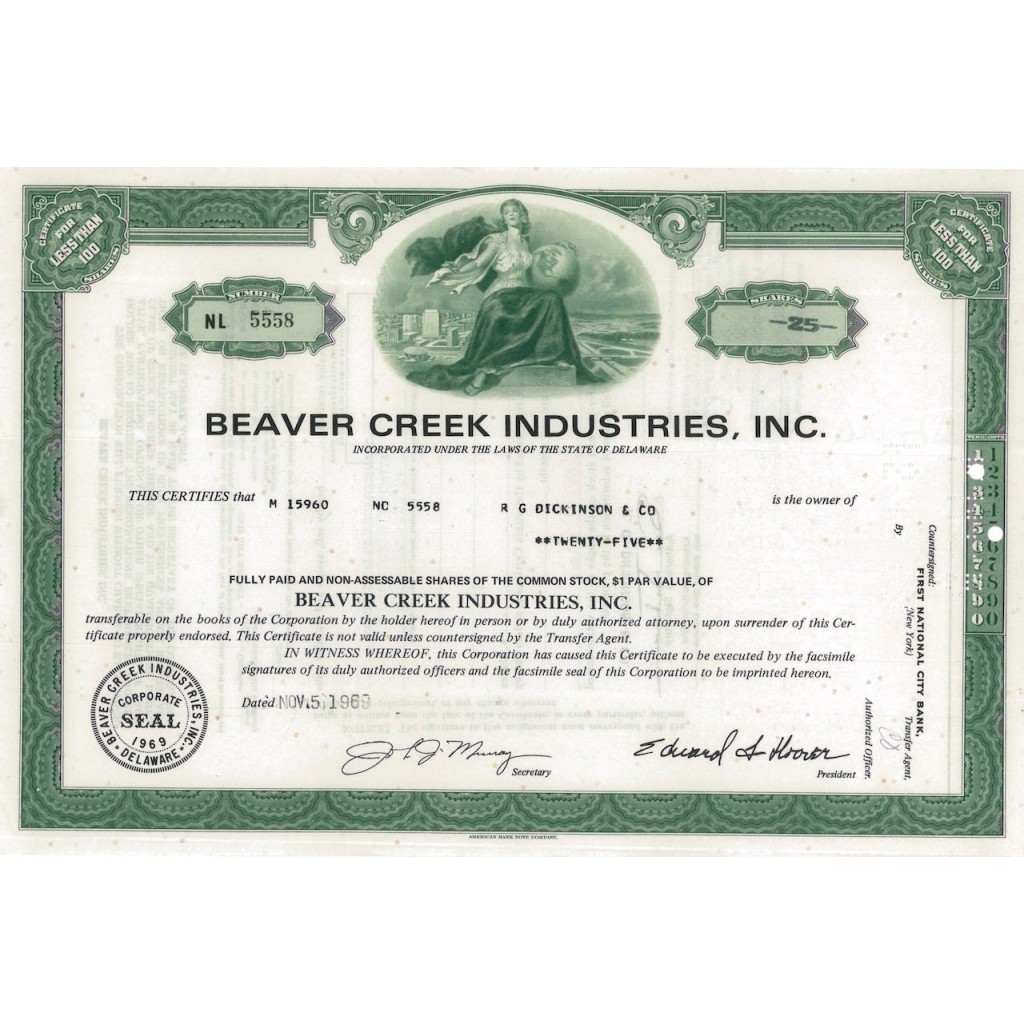 BEAVER CREEK INDUSTRIES, INC - 25 AZIONI - 1969