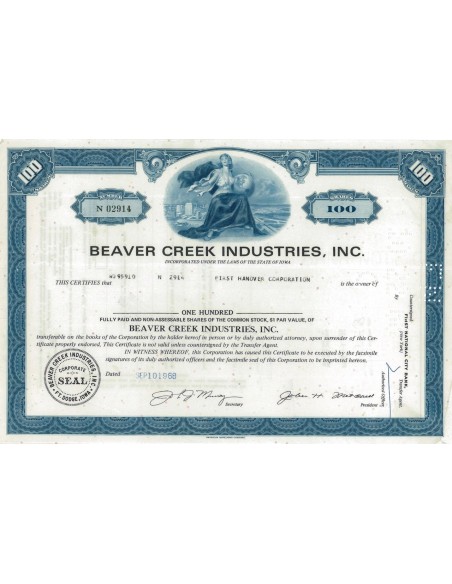 BEAVER CREEK INDUSTRIES, INC. - 100 AZIONI - 1968