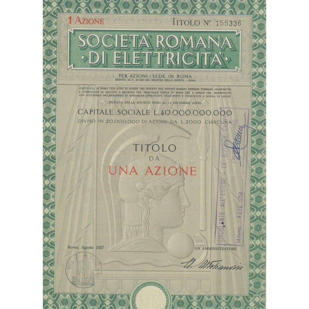 SOC. ROMANA DI ELETTRICITA' 1 AZIONE ROMA 1957